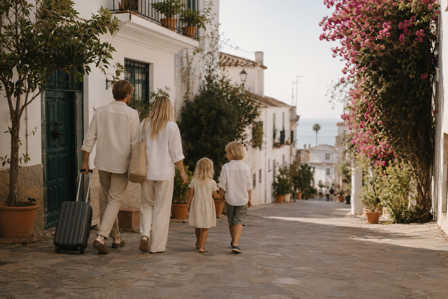 Familj som anländer till en vit andalusisk kuststad